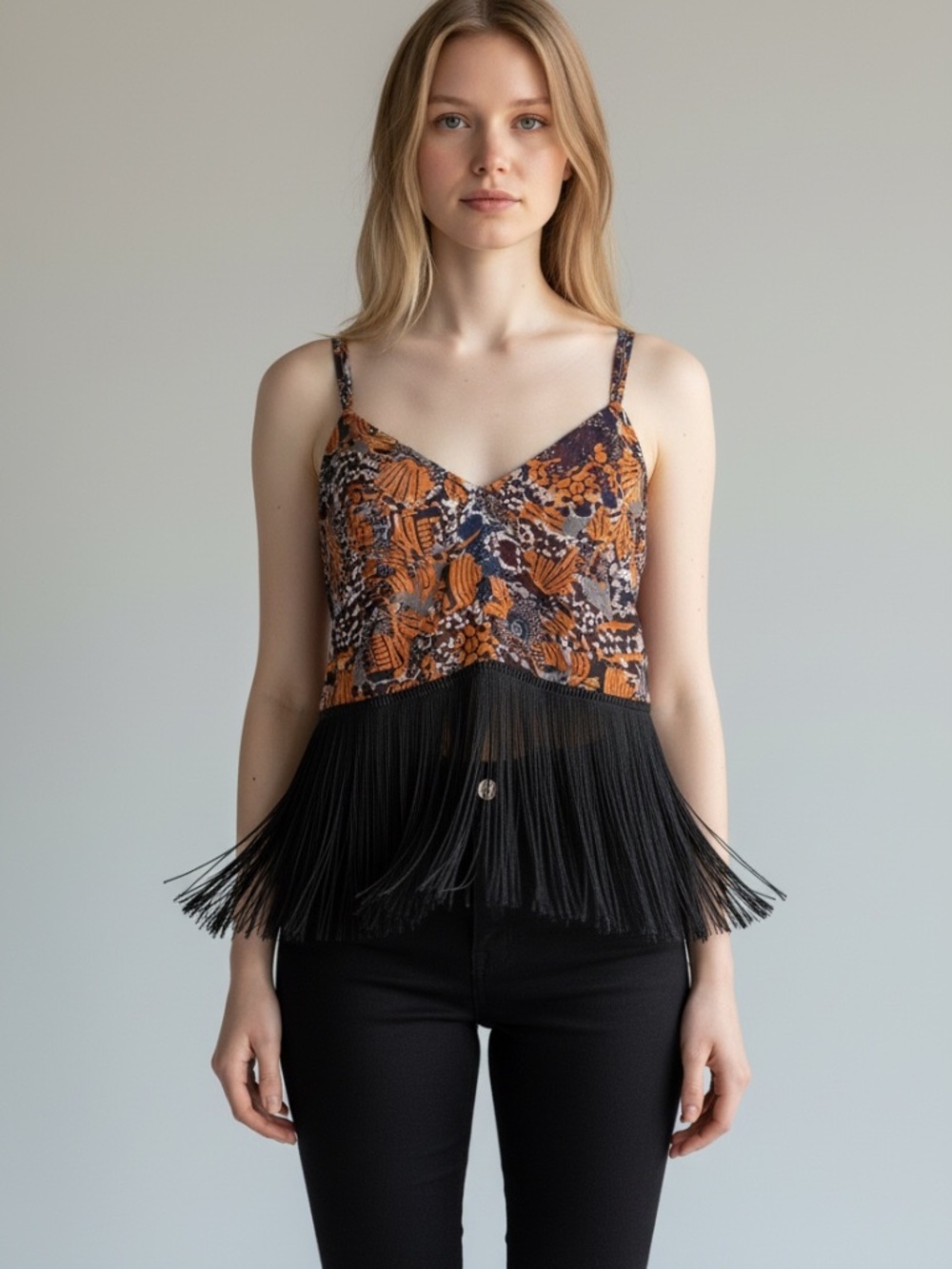Topshop Floral Fringe Cami Camisole Top Black Orange Size 8